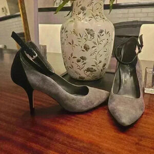 BCBG Leather Suede Ankle Strap Two Tone High Heels Gray Black Size 10